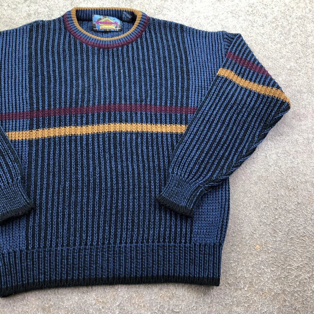 Vintage Weekends Sweater Mens Large Blue Striped Knit Crewneck Pullover Korea